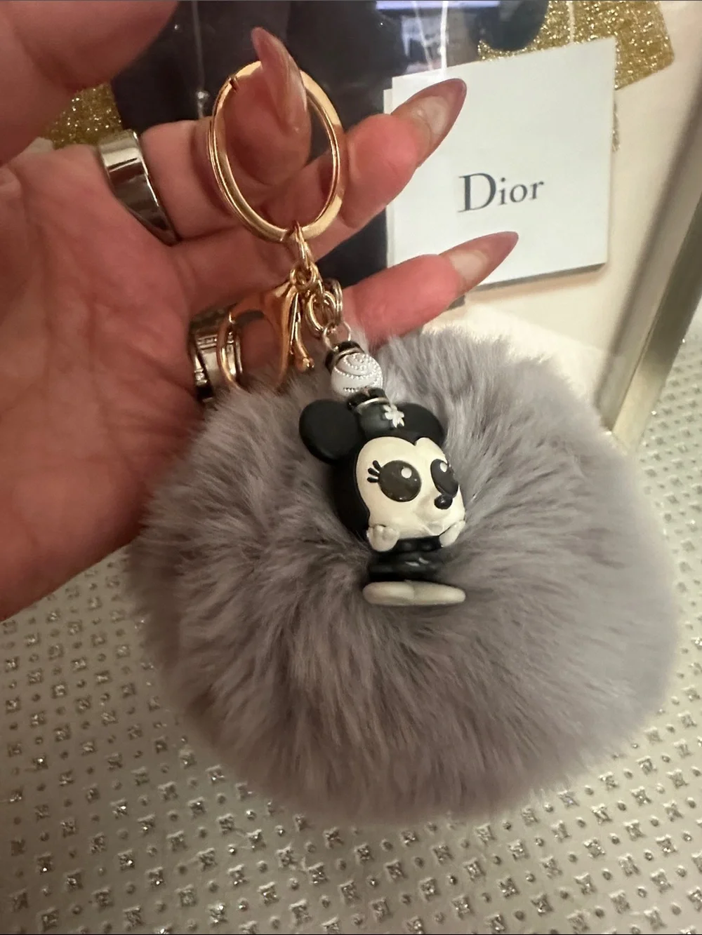 Minnie  Gray Fur Pom Pom Keychain with Black & White Charm